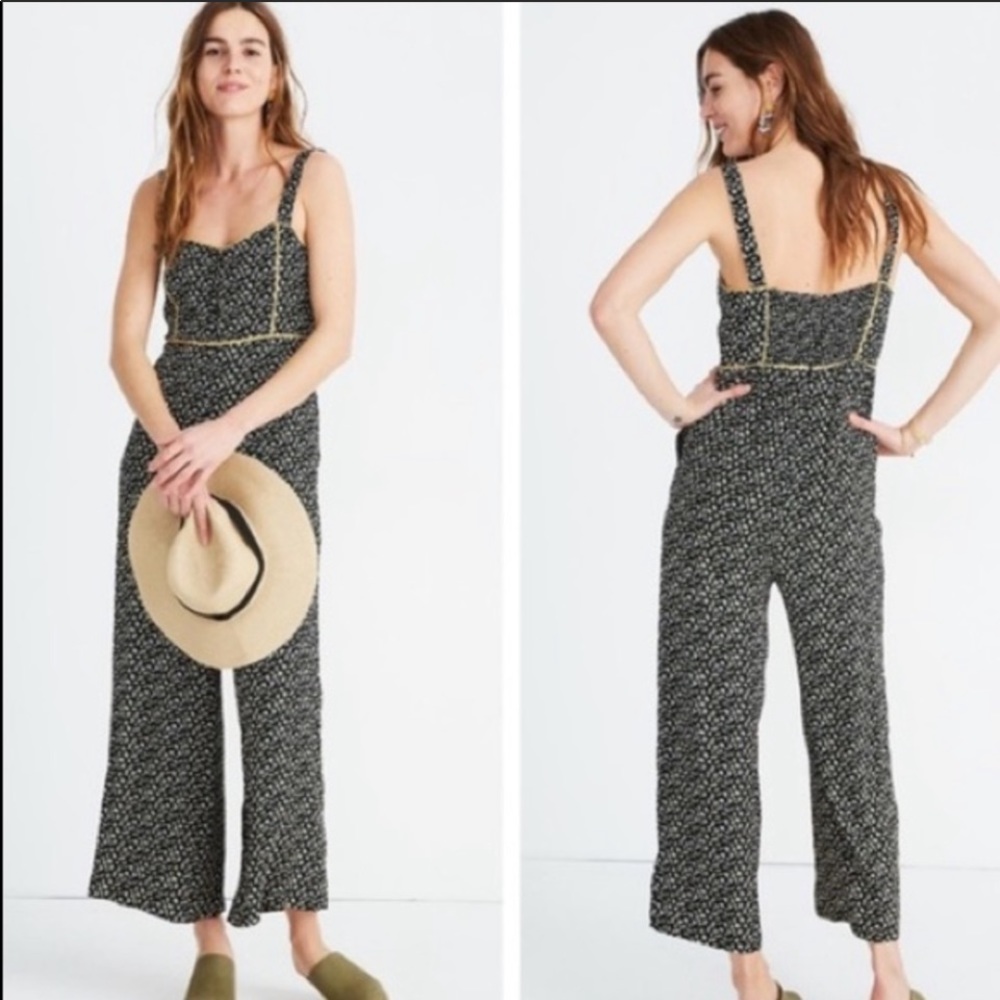 Black Floral Wide-Leg Jumpsuit with Contrast Trim